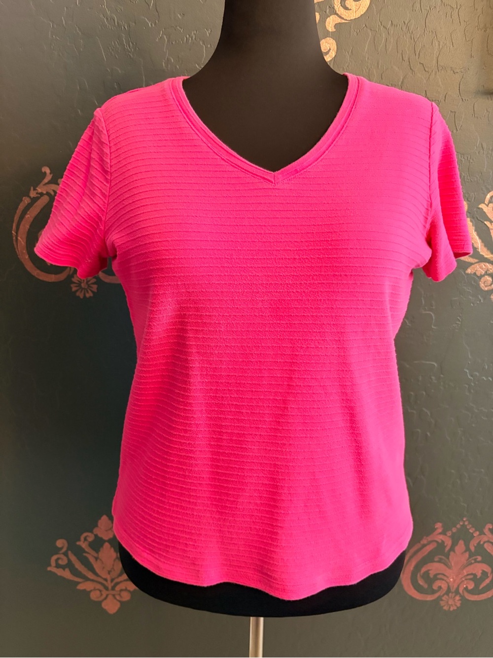 Basic Editions Women's V-Neck Short Sleeve Top in Hot Pink